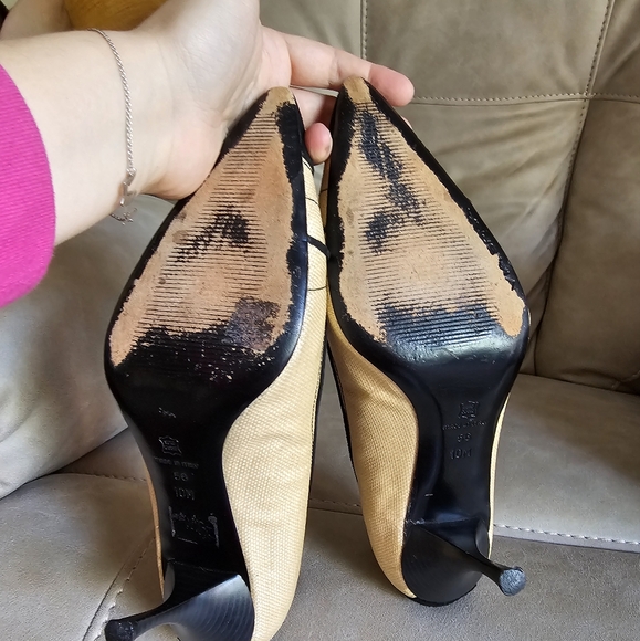 Via Spiga Beige canvas Black Suede Bow Accent Y2K Pointed Toe Heels Shoes sz 10 - Picture 9 of 11